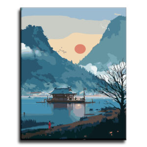 Crimson Horizon Traditional Asian House by the Lake - Paint by Numbers Kit for Adults DIY Oil Painting Kit on Canvas