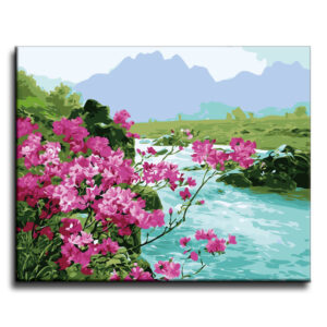 Magenta Blooms by the Turquoise Creek - Paint by Numbers Kit for Adults DIY Oil Painting Kit on Canvas